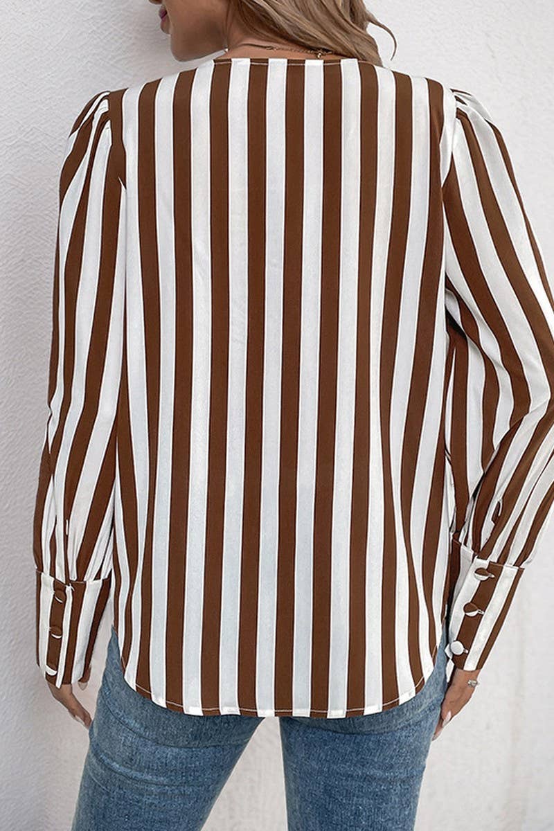 CWTBLL3740_SUMMER V-NECK SINGLE-BREASTED STRIPED SHIRT