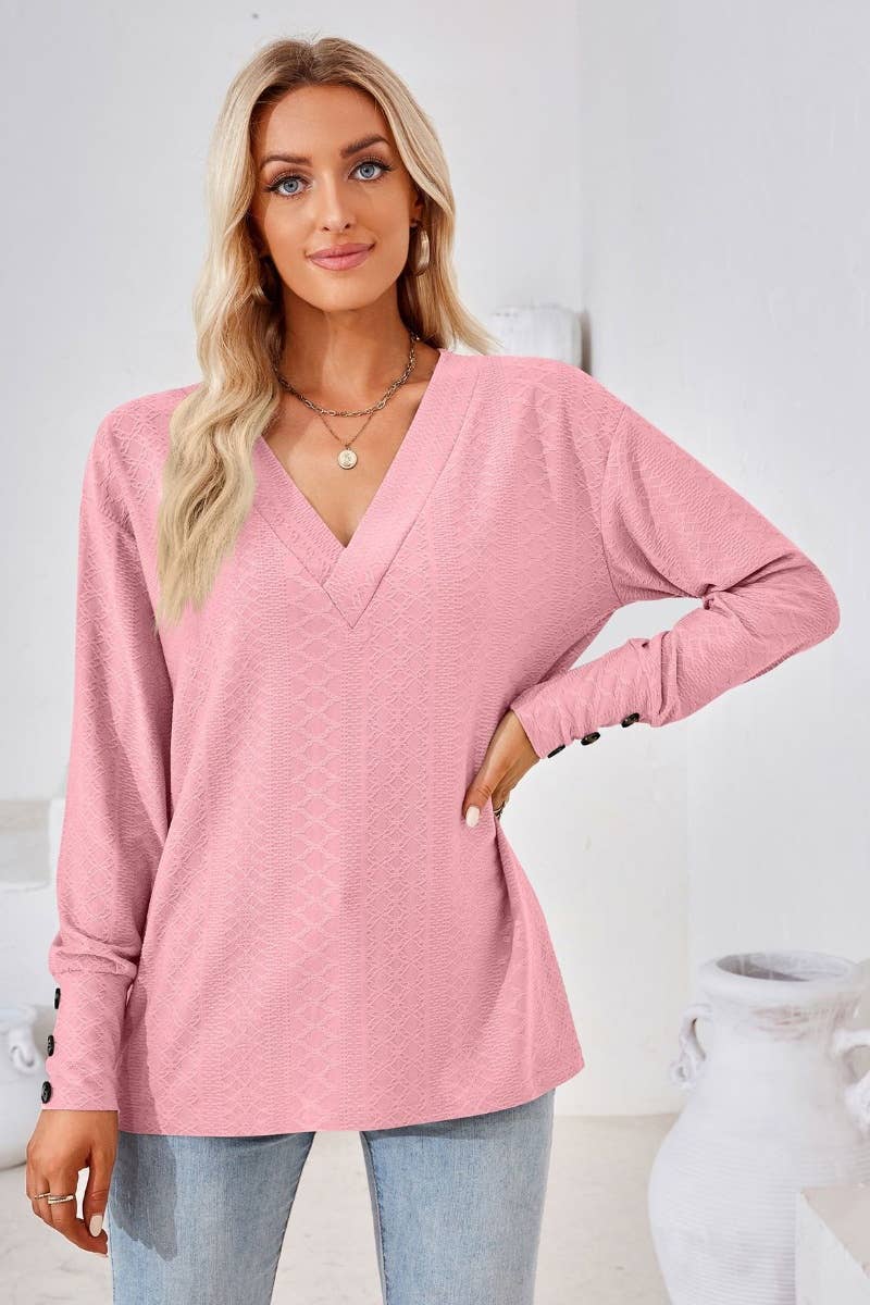 CWTBLL2806_SOLID COLOR V-NECK LONG SLEEVE BUTTON-UP TOP
