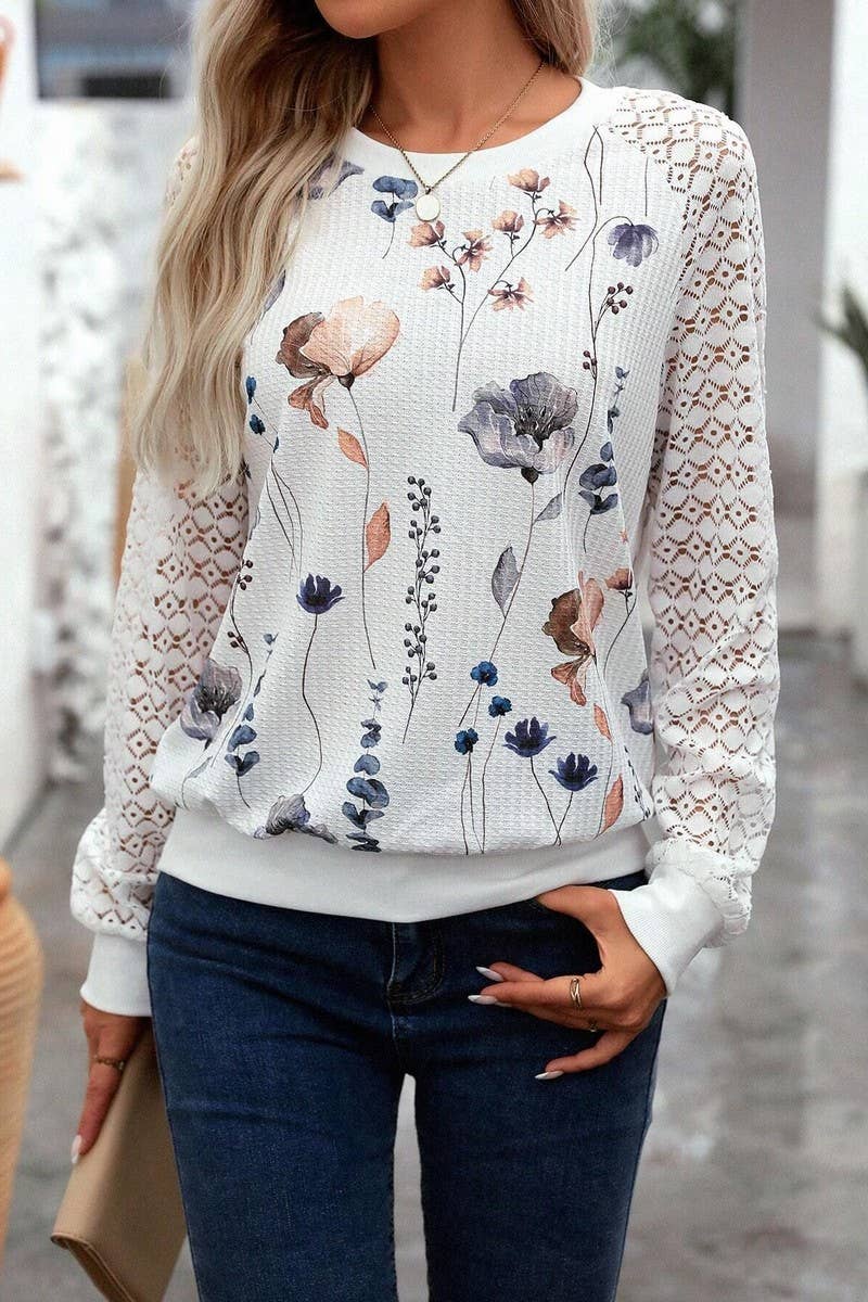 CWTBLL3547_WAFFLE FLORAL PRINT LACE LONG-SLEEVED TOP