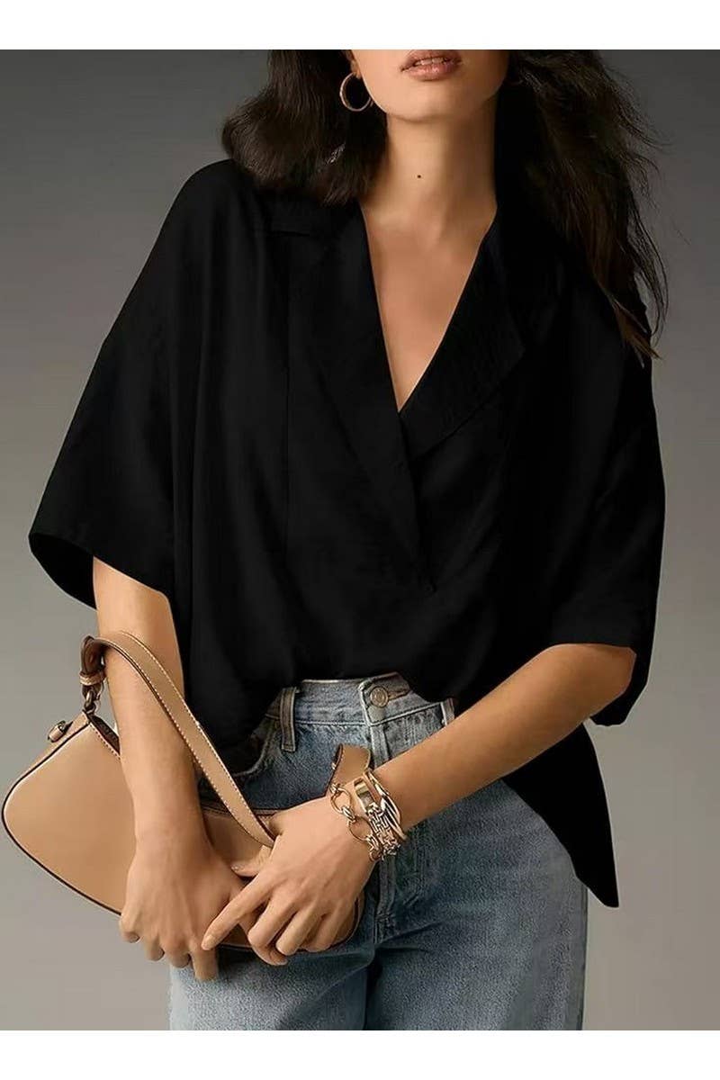 CWTBLS02500_2025SUMMER WOMEN POLO COLLAR SHORT SLEEVE BLOUSE