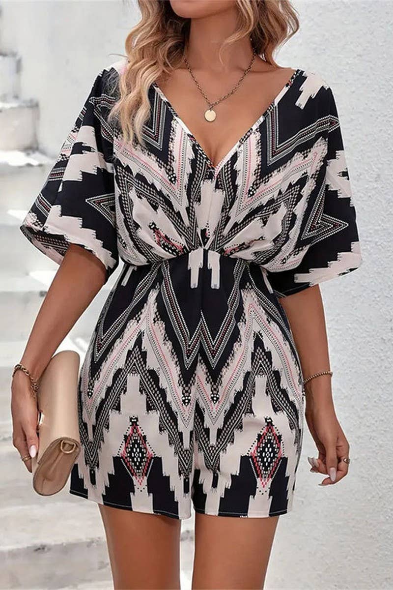 CWSJS1516_V-NECK ONE-PIECE SLEEVE LOOSE BOW JUMPSUIT