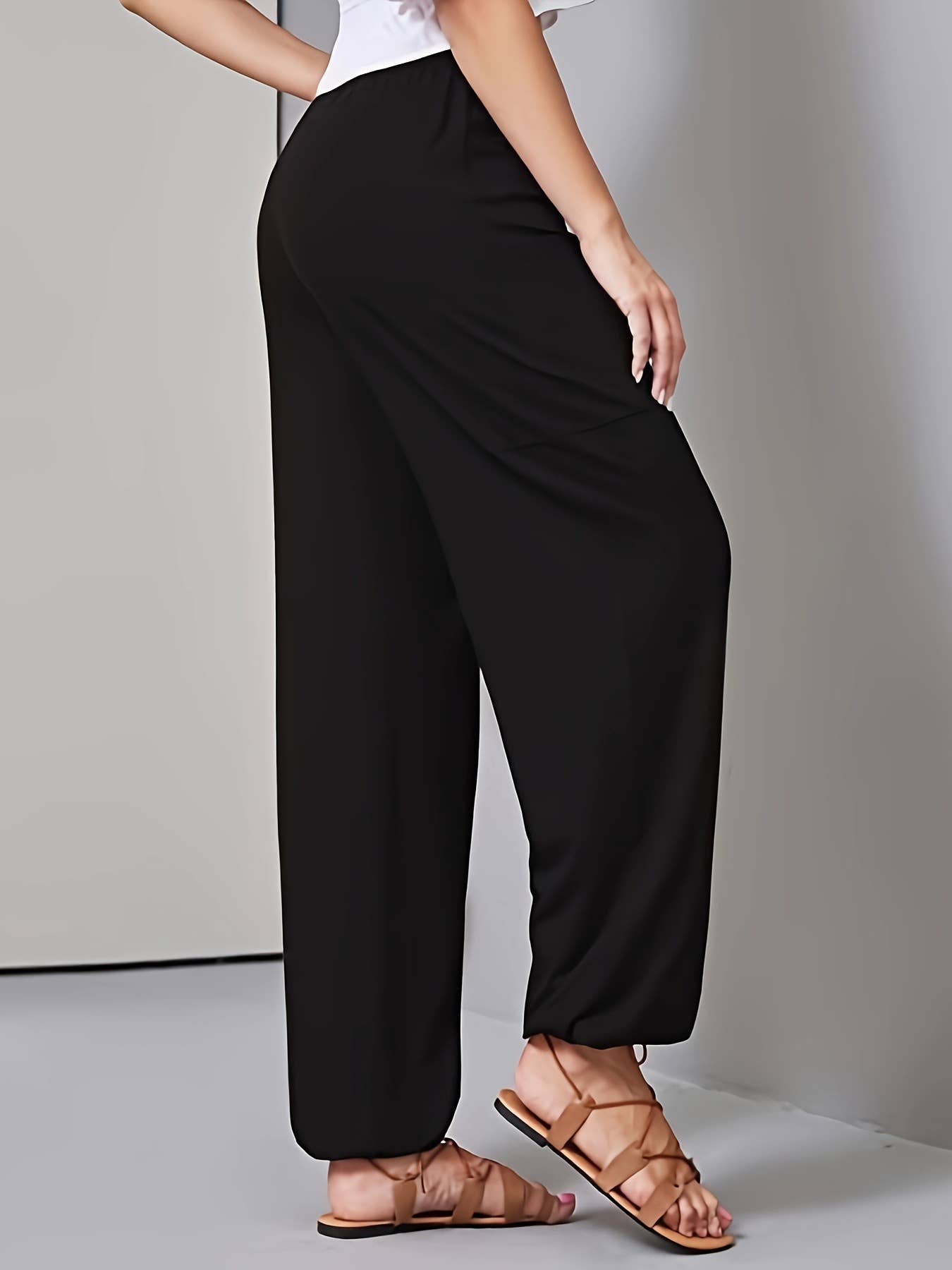 ELASTIC BELT DRAWSTRING HIGH-WAISTED HAREM PANTS
