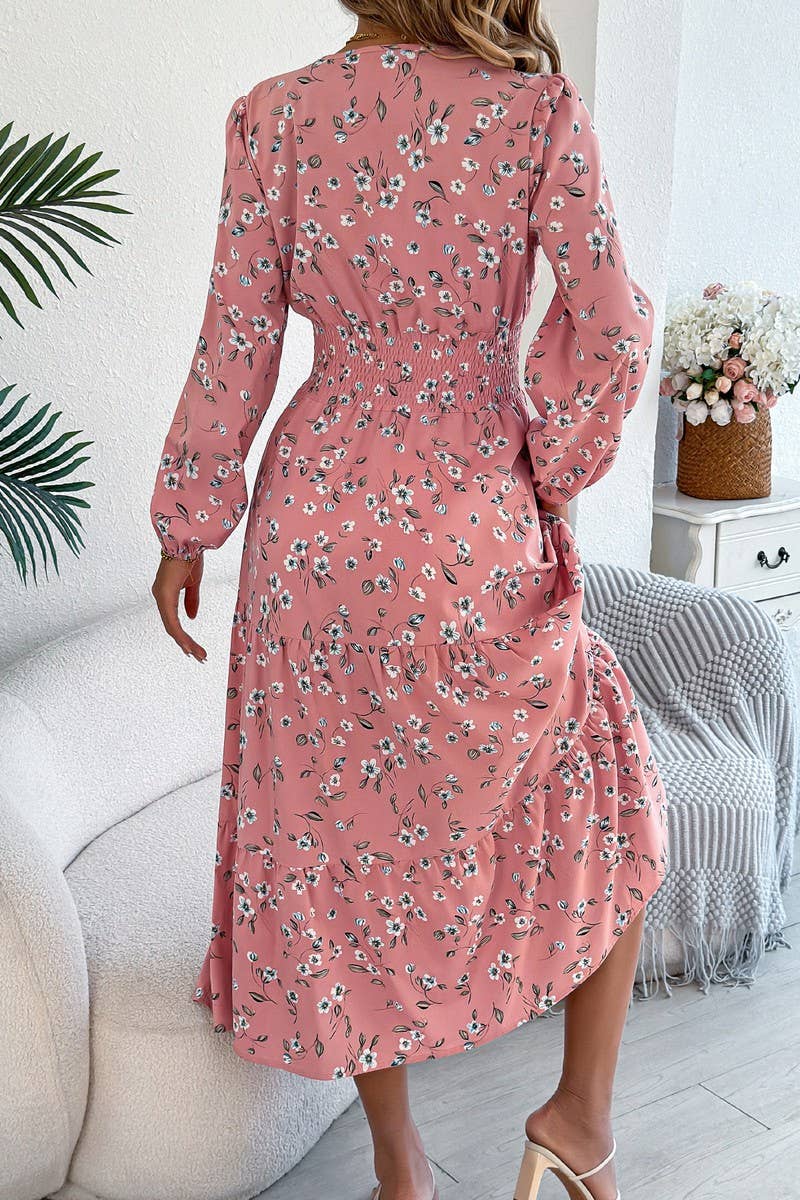 CWDMD6028_FLORAL V-NECK LONG SLEEVE RUFFLE WAIST DRESS
