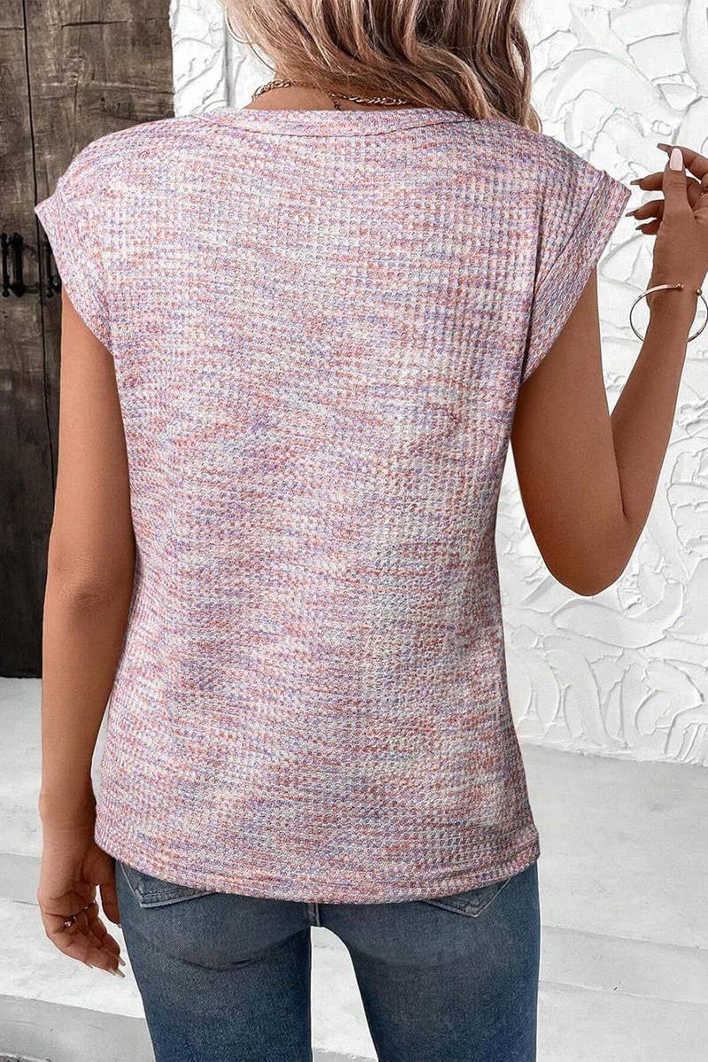 CWTBLS1770_WAFFLE CREW NECK SOLID COLOR SHORT SLEEVE TOP