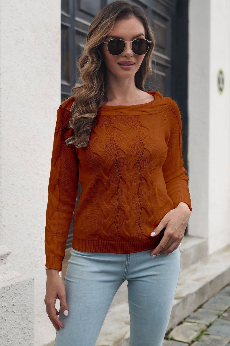 CWOSWL4156_ROUND NECK SOLID COLOR CABLE KNIT SWEATER