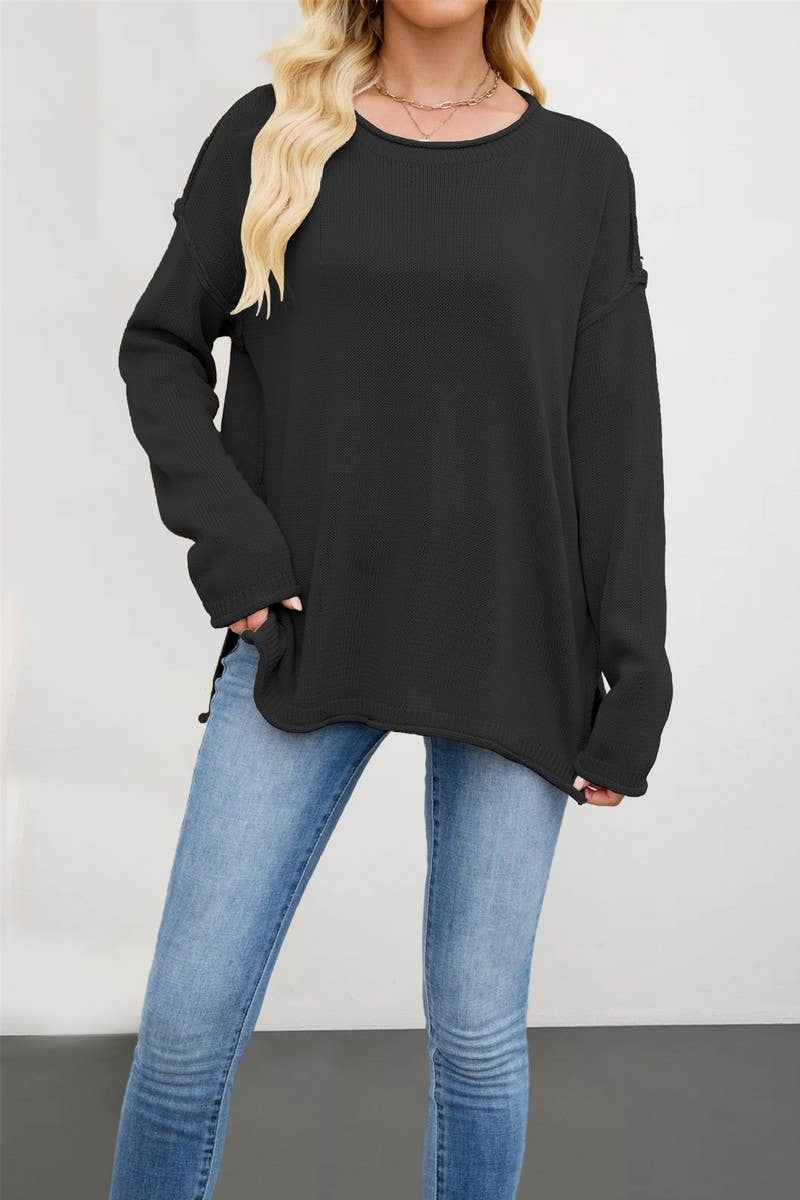 CWOSWL7018_SOLID COLOR ROUND NECK LOOSE PULLOVER SWEATER