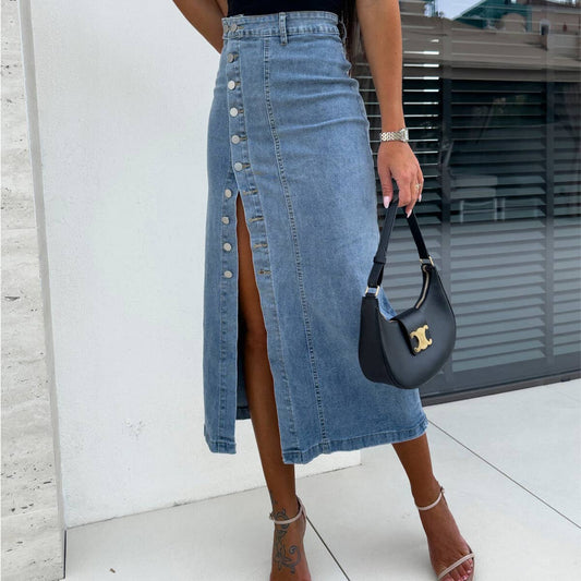 Buttoned asymmetrical high-waisted denim skirt