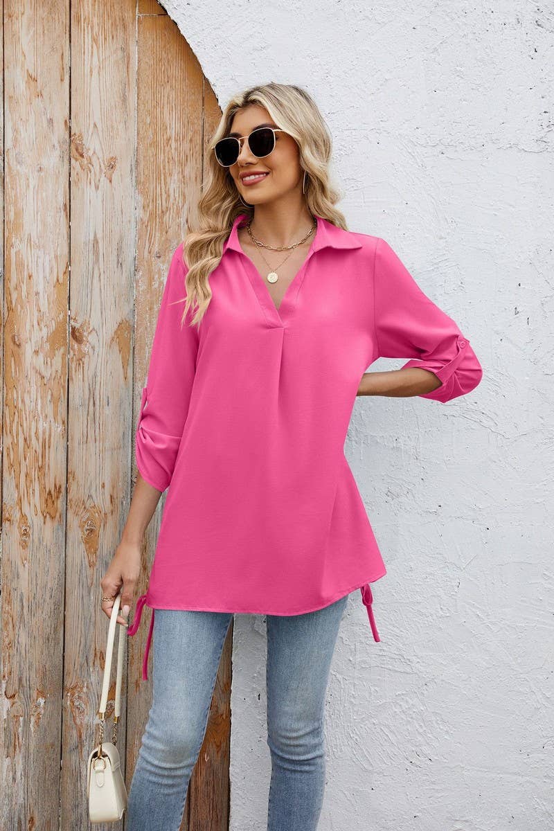 CWTBLL4020_SOLID COLLARED RUCHED 3/4 SLEEVE SHIRT DRESS TOP