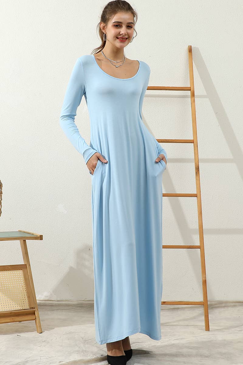 CWDMD799-P_R NECK LOOSE FIT MAXI DRESS WITH SIDE POCKETS