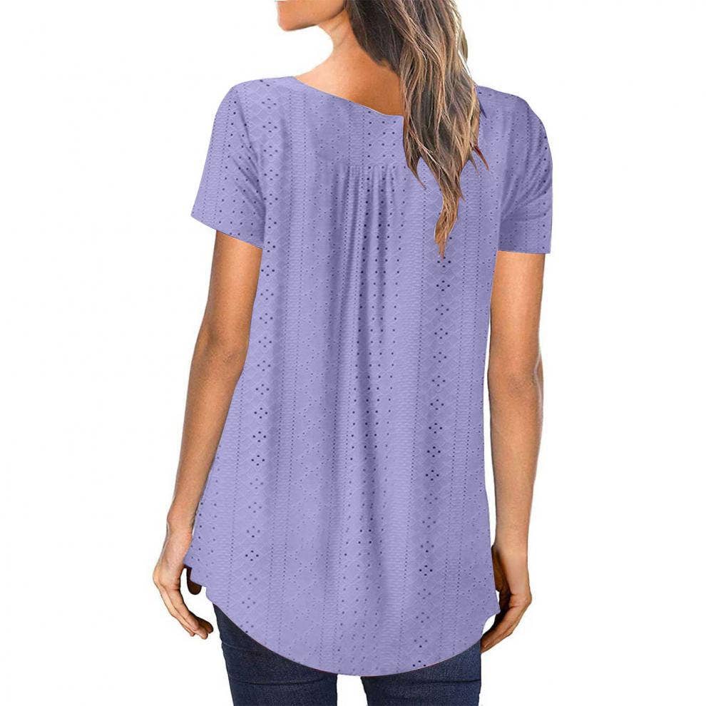 Crew-neck pleated button solid color ripped shirt