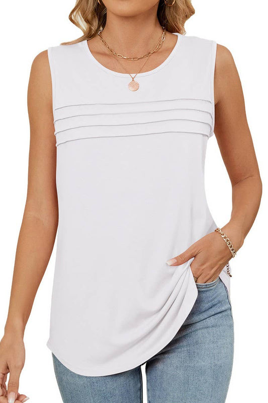 CWTBLSL0971_RUCHED SLEEVELESS CREWNECK SOLID TANK TOP