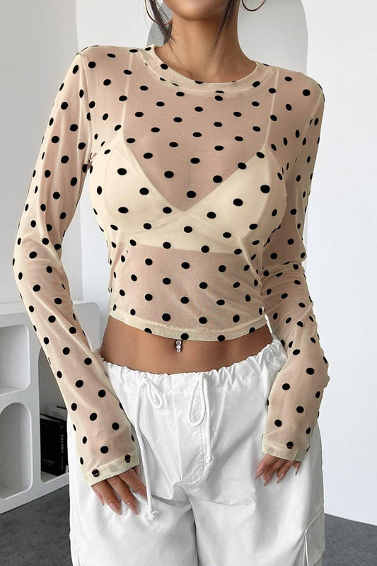 CWTBLL3921_SHEER POLKA DOT MESH SLIM FIT LONG SLEEVE TEE
