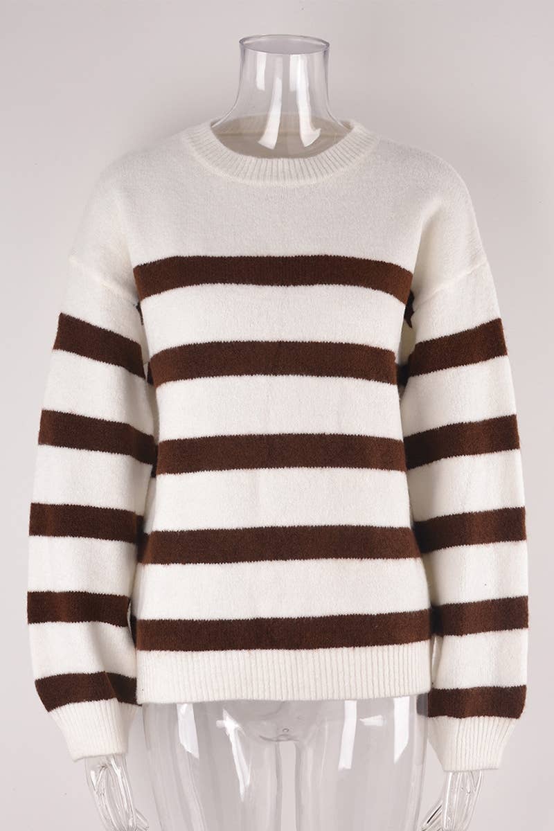 CREW NECK SLIM LOOSE STRIPED PULLOVER SWEATER