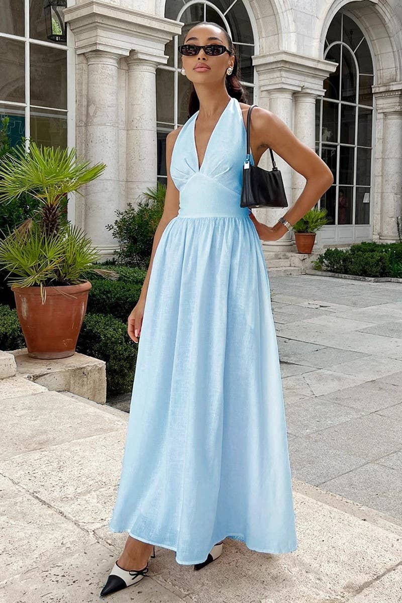 CWDHL0835_COTTON V-NECK TIE-WAIST FLOWY MAXI DRESS