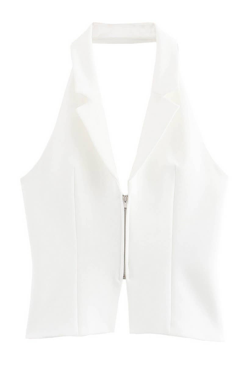 CWTHT0148_BACKLESS BUCKLE SLIM FIT V-NECK HALTER TOP