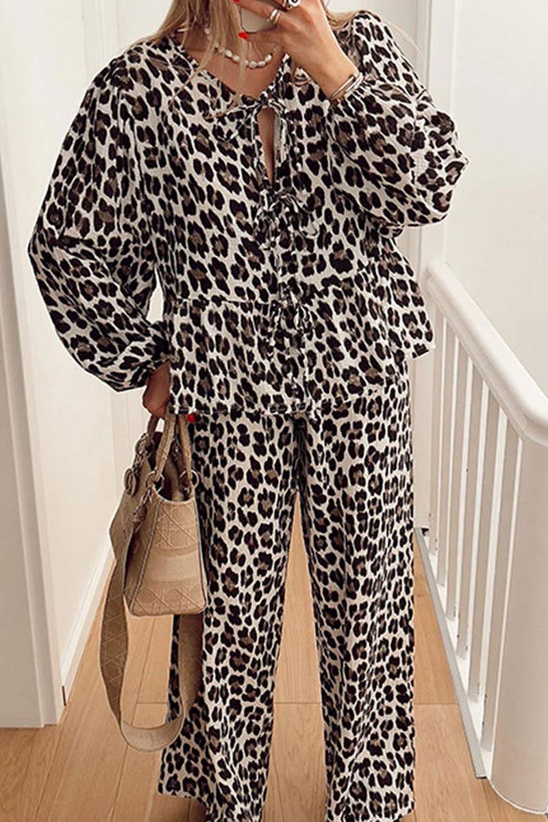 CWSTB00387_CASUAL LANTERN SLEEVE TIE TOP AND PANTS SET