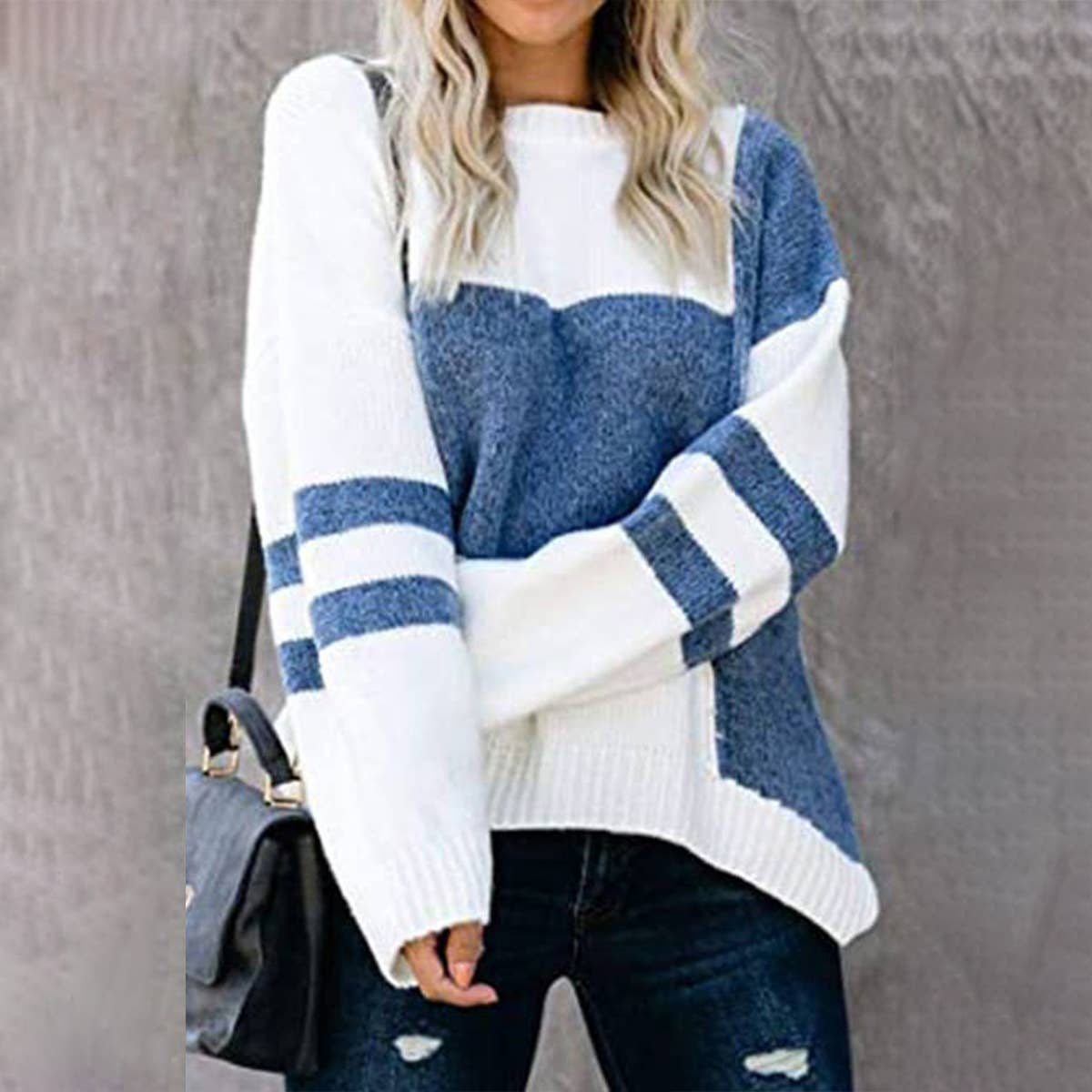 COLOR PATCHWORK CREW NECK PULLOVER SWEATER