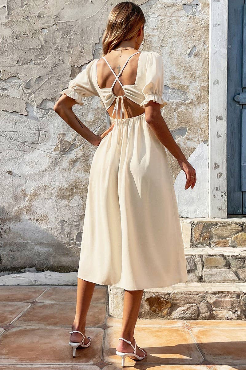 CWDMD1488_BACKLESS SLIT SQUARE COLLAR PUFFY SLEEVE DRESS