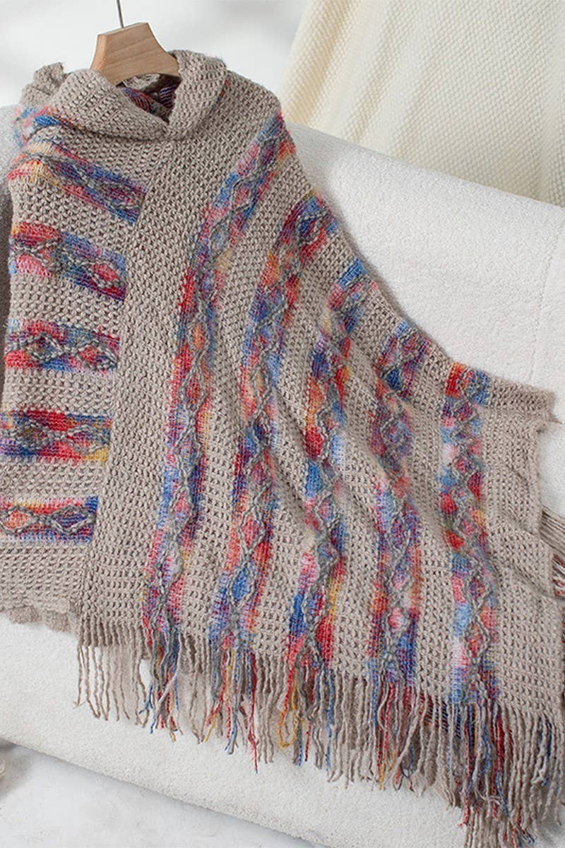 CWOSWS0091_STRIPED HOODED KNITTED FRINGED CAPE SHAWL