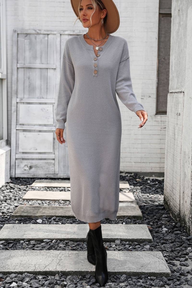 CWDMD538  Long Sleeve Loose V-Neck Button Tops Long Sweater