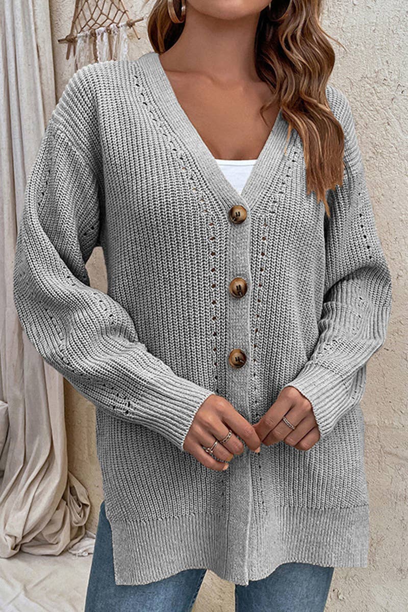 CWOCAL353 Button Down Sleeve V-Neck Cardigan Sweater