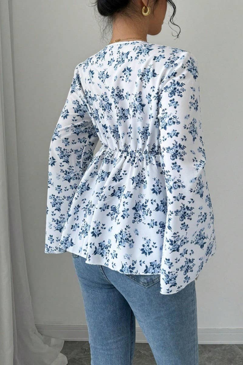 CWTBLL01068_V NECK FLORAL PRINT HIGH WAIST BLOUSE