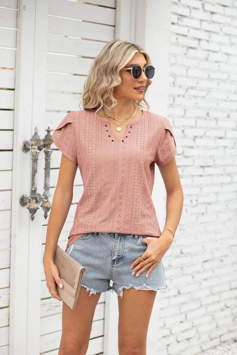 CWTTS0866_V-Neck Short Sleeve Blouse