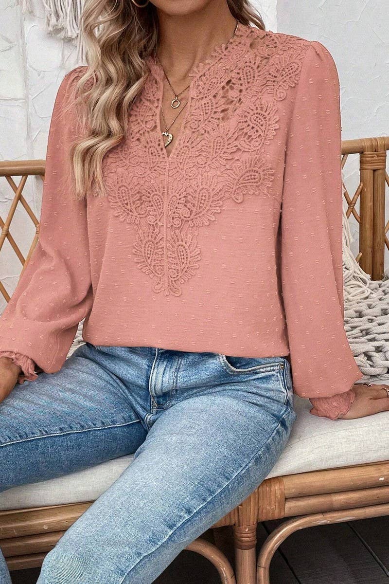 CWTTL2006_V-NECK LACE SOLID COLOR LONG-SLEEVED CASUAL TOP