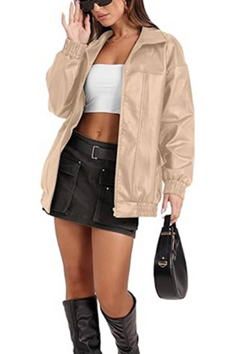 CWOCO1150_LAPEL ZIPPER SIDE POCKET PU LEATHER JACKET