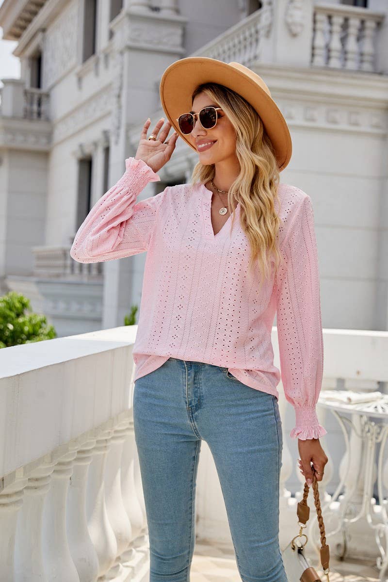 CWTBLL1848_V-NECK HOLLOW LOTUS LEAF SLEEVE LOOSE TOP