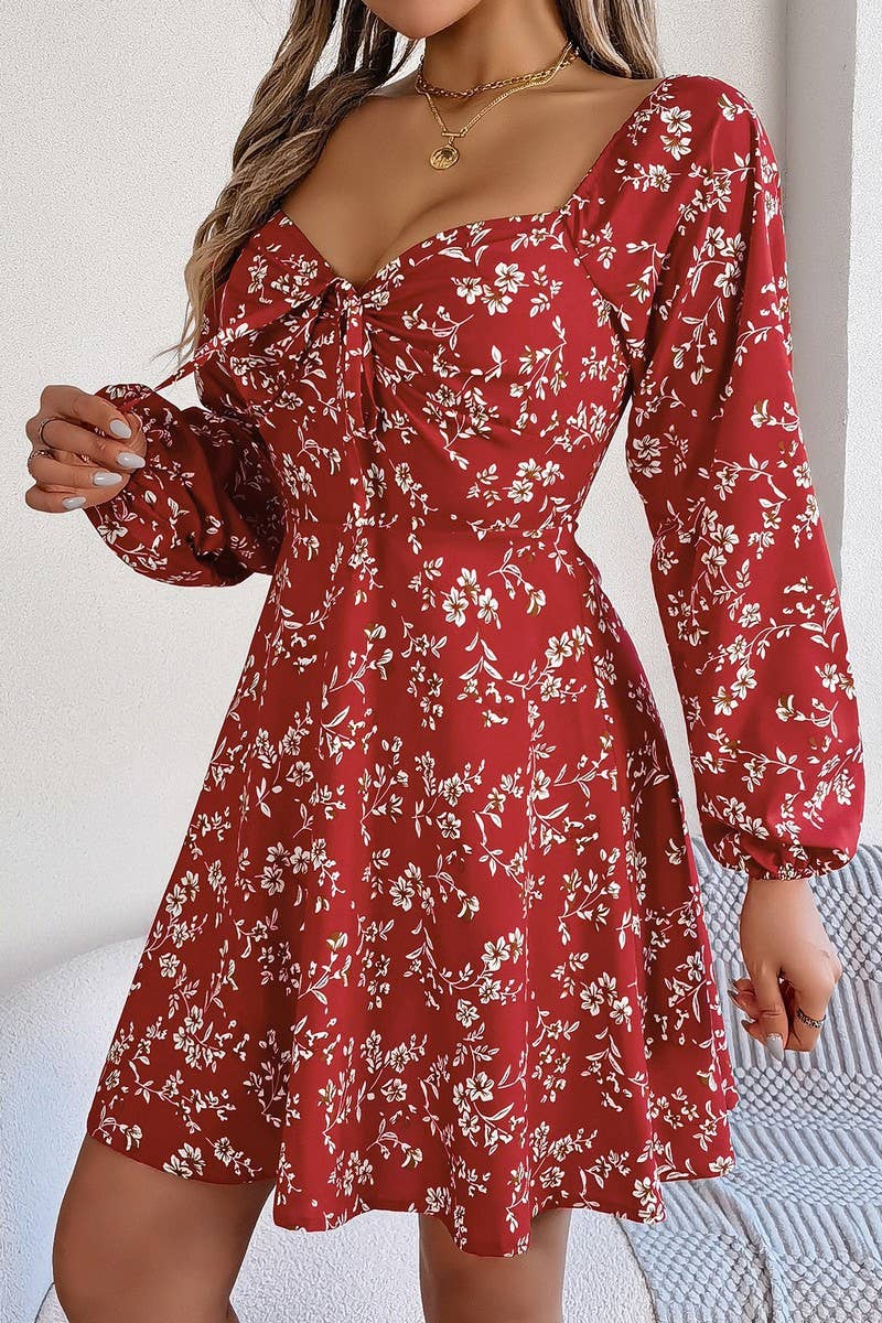 CWDSD7221_CASUAL SQUARE NECK FLORAL LONG SLEEVE A-LINE DRESS