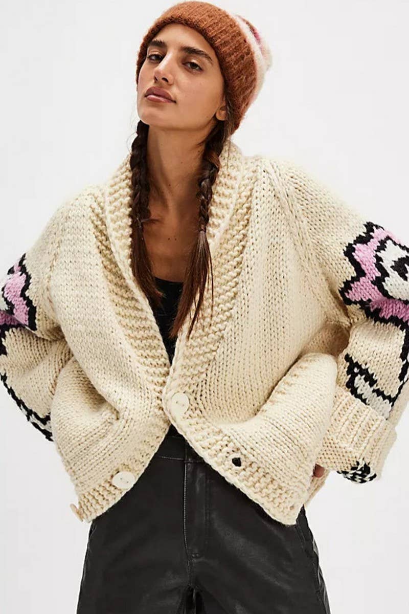 CWOSWL07745_2025 STREET PRINT COLLARED KNIT CARDIGAN SWEATER