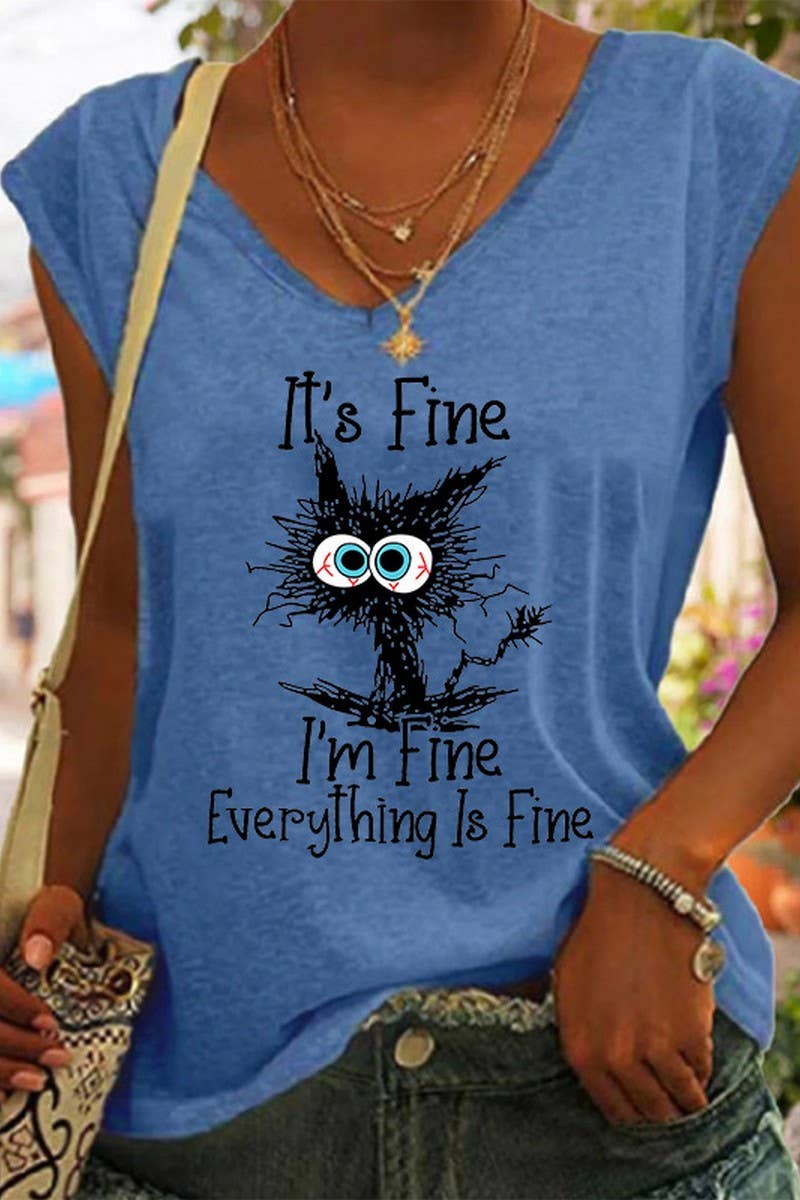 CWTTSL0258_V-NECK PRINTED LOOSE SLEEVELESS T-SHIRT