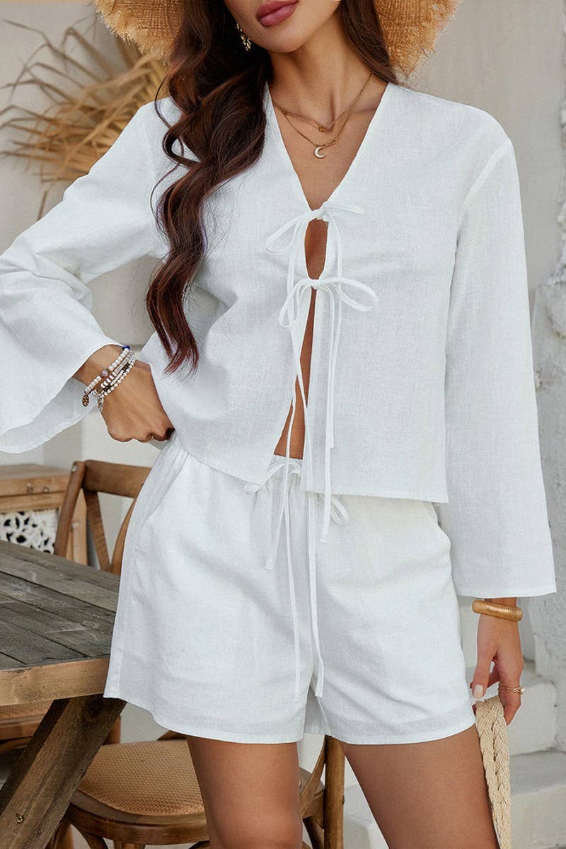 CWSTB1576_SOLID COLOR CARDIGAN LONG-SLEEVED TOP SHORTS SET