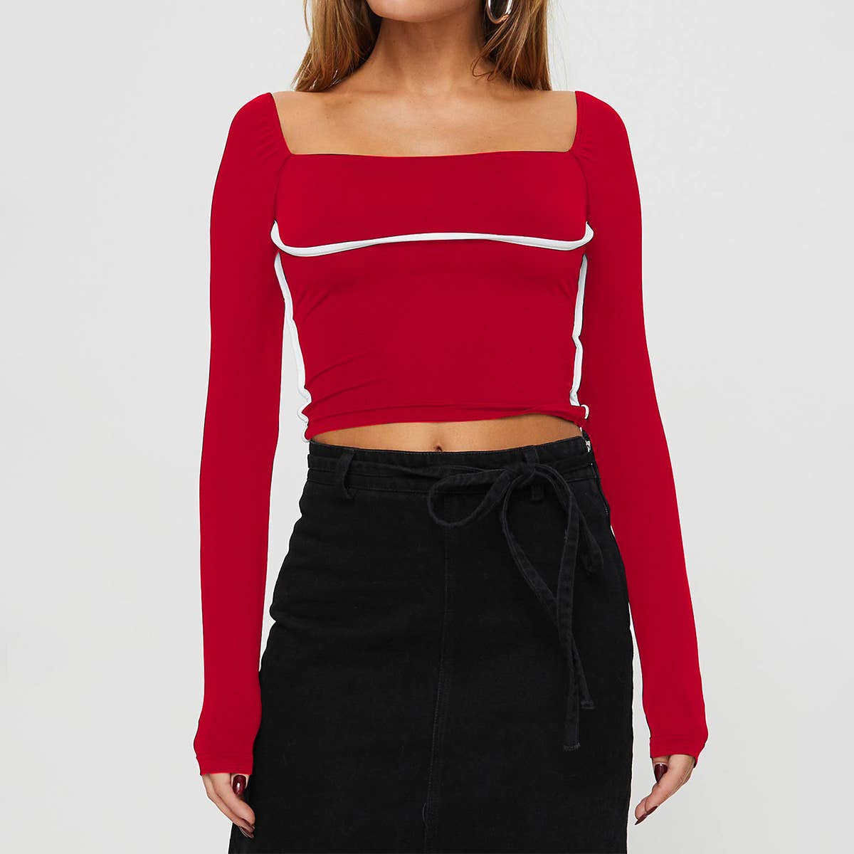 COLOR CONTRAST PATCHWORK SQUARE COLLAR SLIM SHIRT