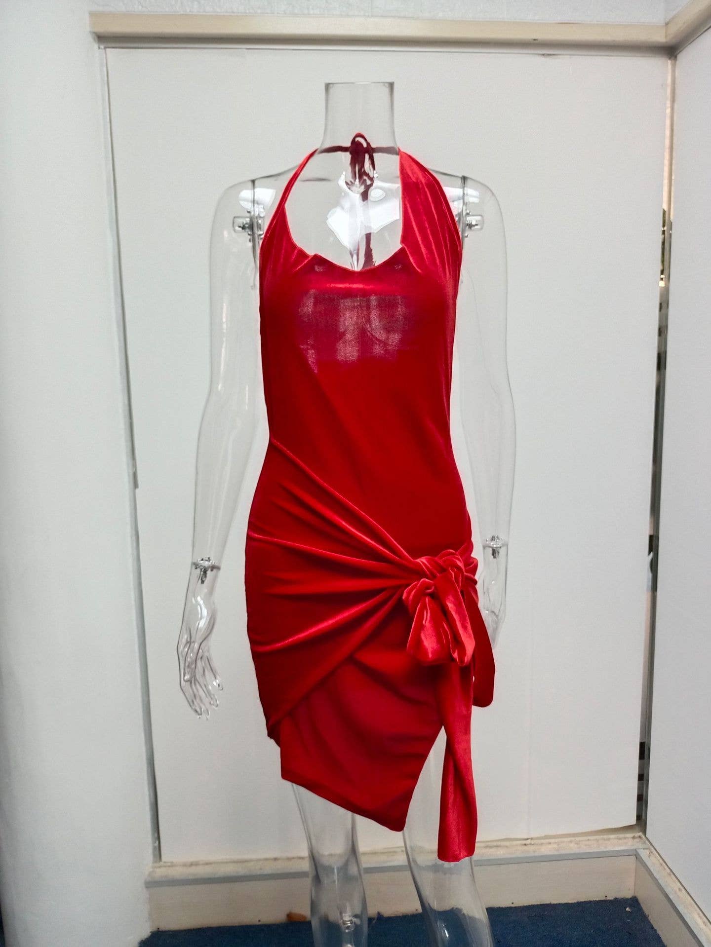 A halter cutout lace-up and slit dress