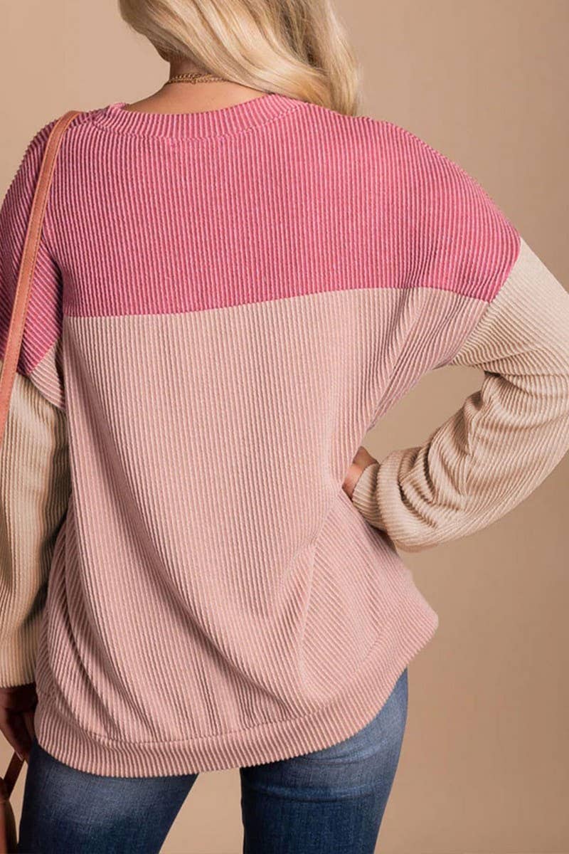 CWTBLL1828_ROUND NECK TWISTED STRIPE COLOR BLOCK LOOSE TOP