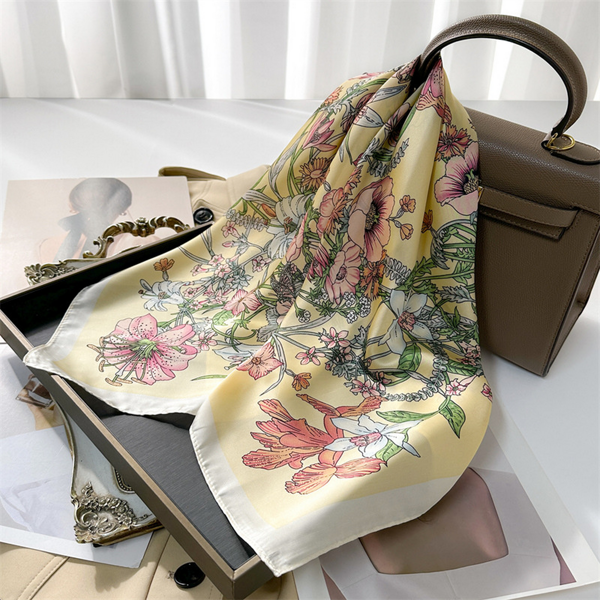 Lily Print Satin Square Scarf for Summer Sun