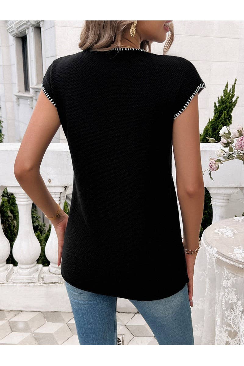 CWTTSL0266_Crew Neck Short Sleeve Casual Knit Vest Top