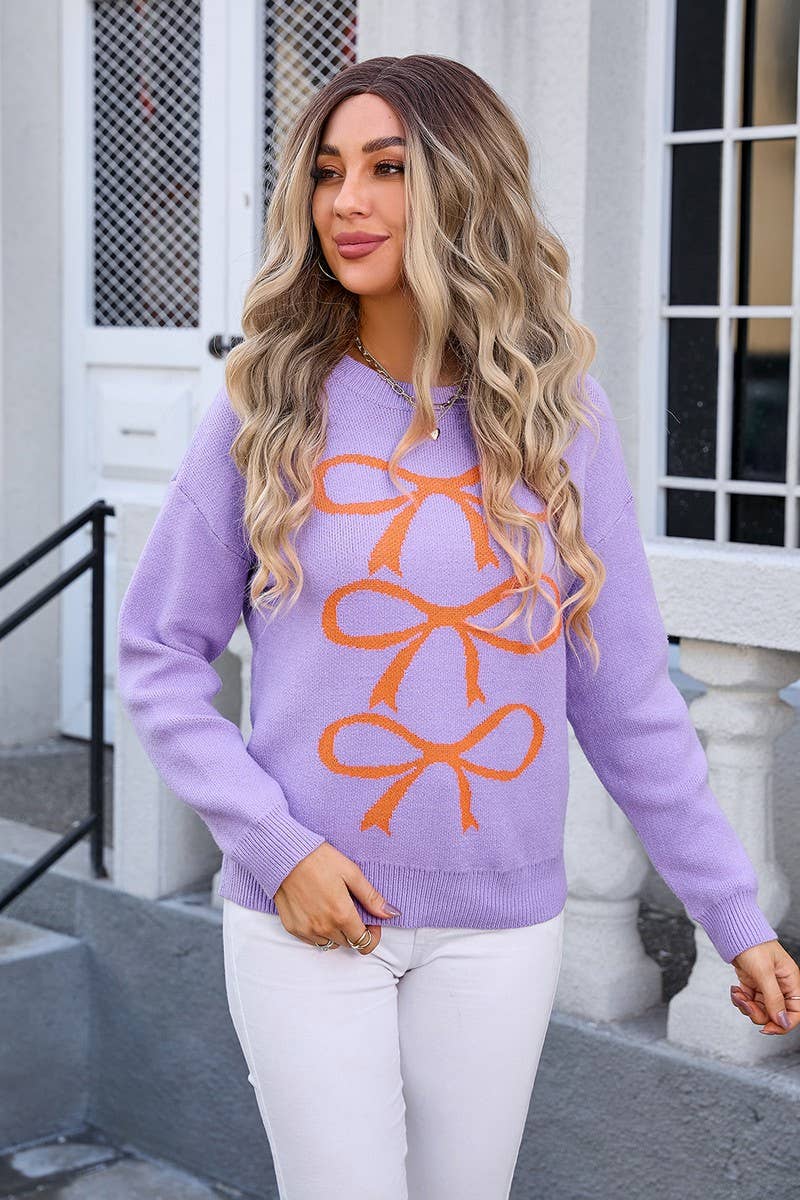 CWOSWL3117_BOW KNIT LONG SLEEVE PULLOVER SWEATER