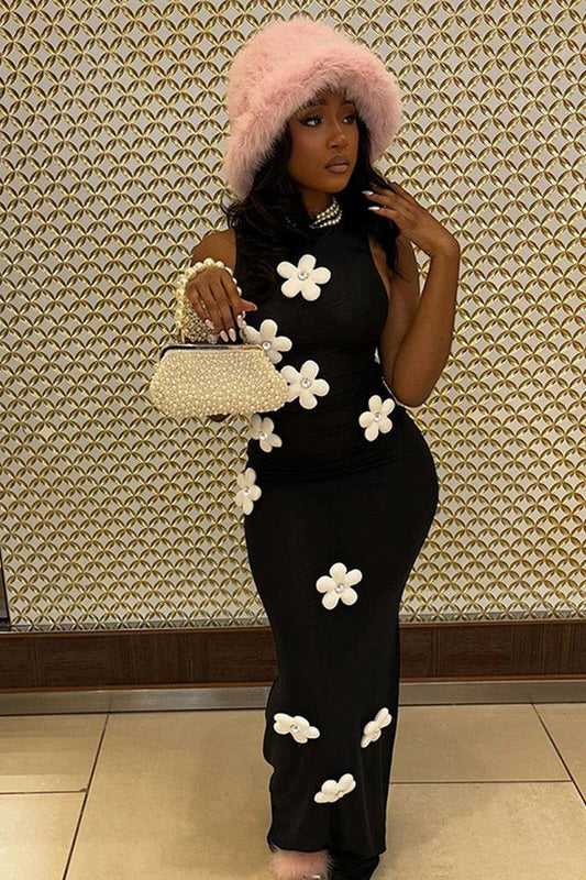 CWDMD4234_THREE-DIMENSIONAL FLOWER HIGH COLLAR DRESS