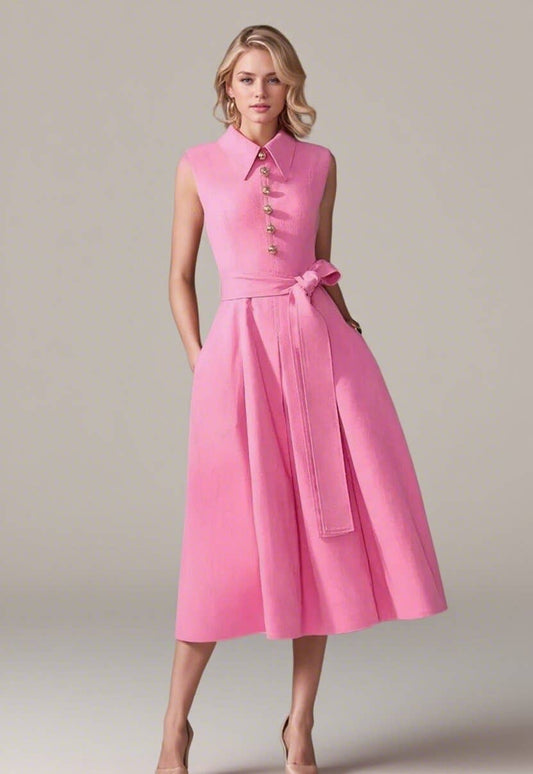 CWTDSSL0019_SLEEVELESS STAND COLLAR BELTED ELEGANT DRESS