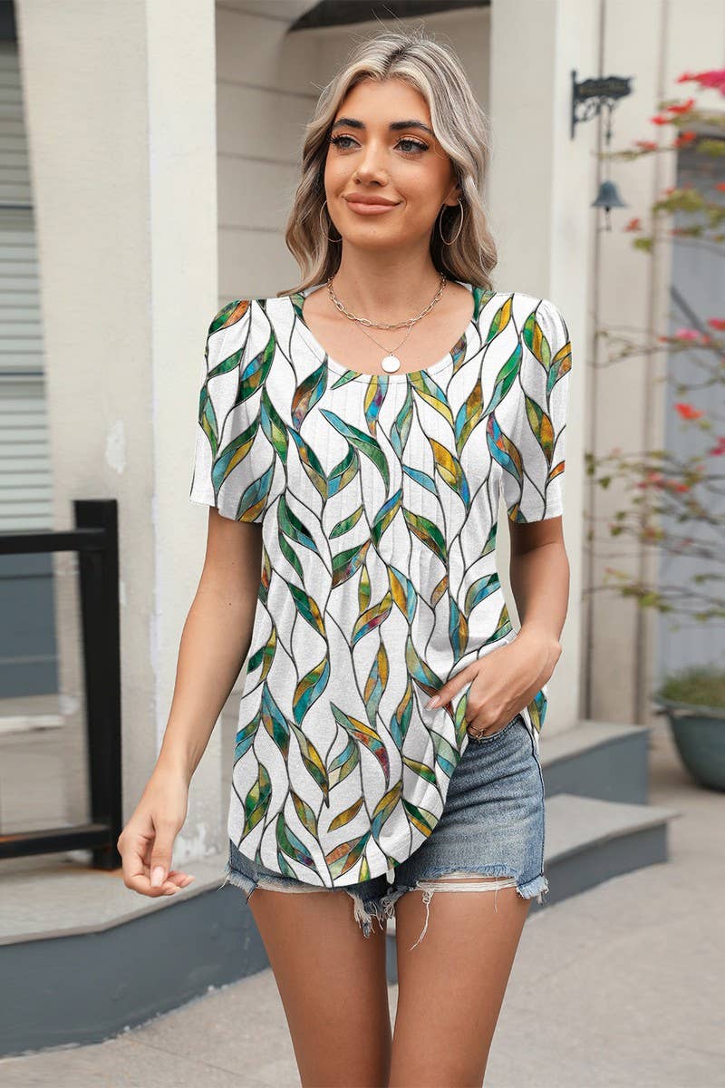 CWTBLS2277_RUCHED CREW NECK PRINTED SHORT SLEEVE TEE