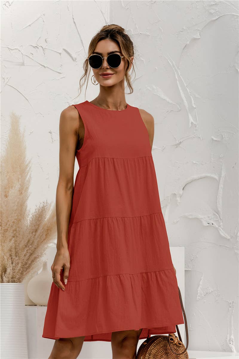 CWDTD0408_ROUND NECK SLEEVELESS PATCHWORK LOOSE SWING DRESS