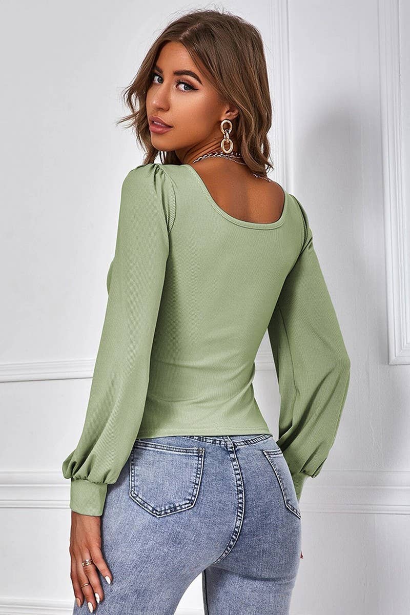 CWTBLL2746_SQUARE NECK PUFF SLEEVE KNIT LONG SLEEVE TOP