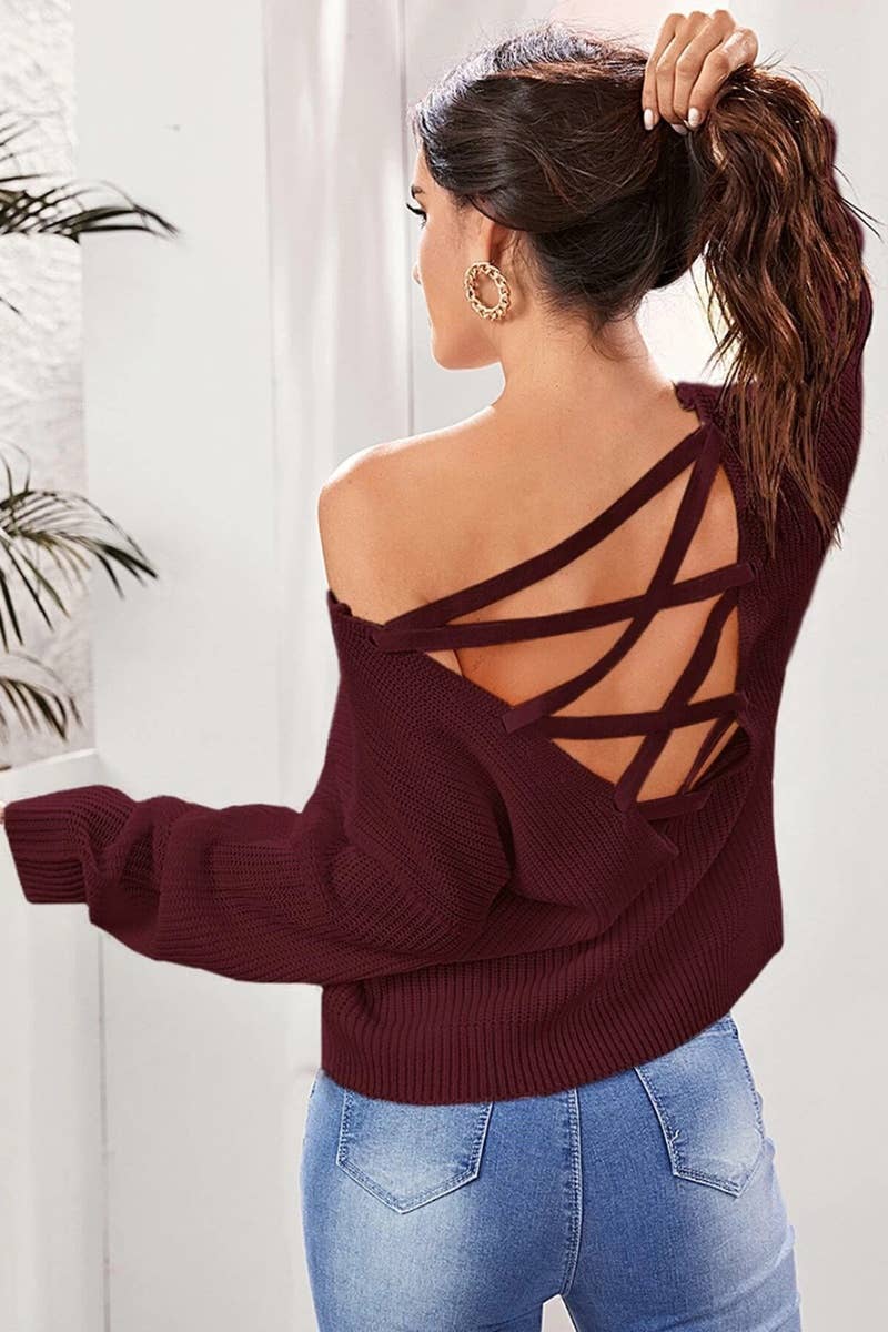 CWOSWL6250_KNIT BACKLESS V-NECK LONG-SLEEVED SWEATER