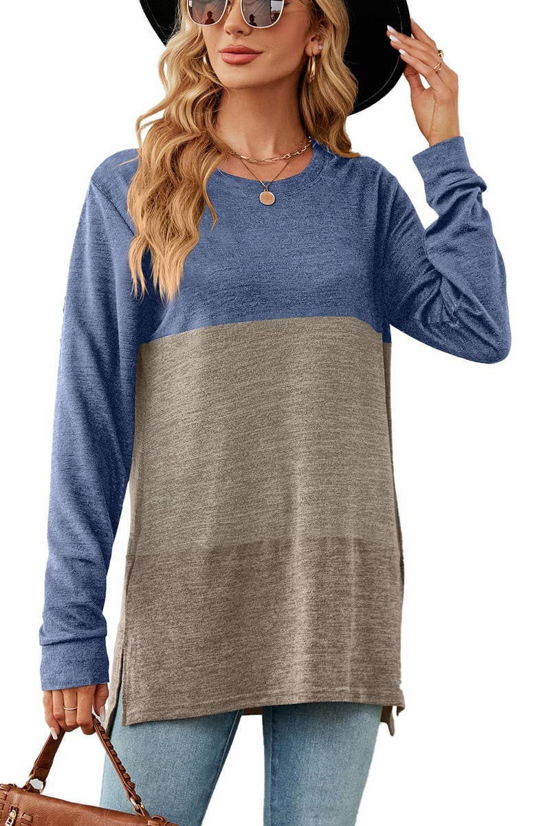 CWTBLL2411_SOLID COLOR ROUND NECK CONTRAST STITCHING T-SHIRT