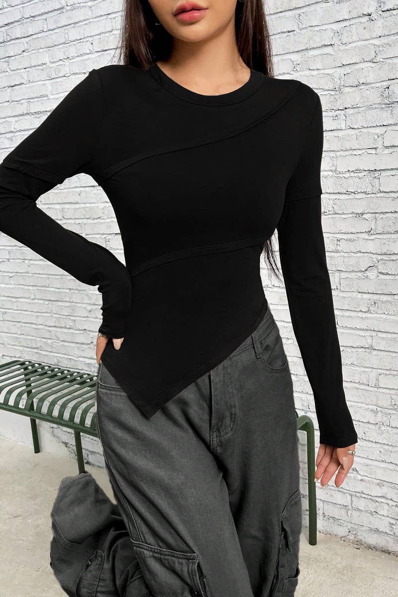 CWTBLL2725_ASYMMETRIC CREW NECK SOLID COLOR KNIT TOP