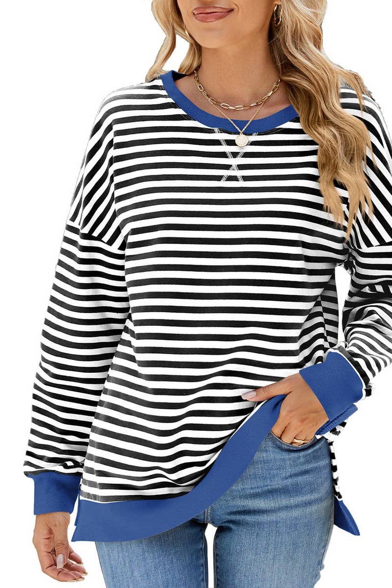 CWTBLL3746_CONTRAST COLOR SLIT LOOSE STRIPED SWEATSHIRT