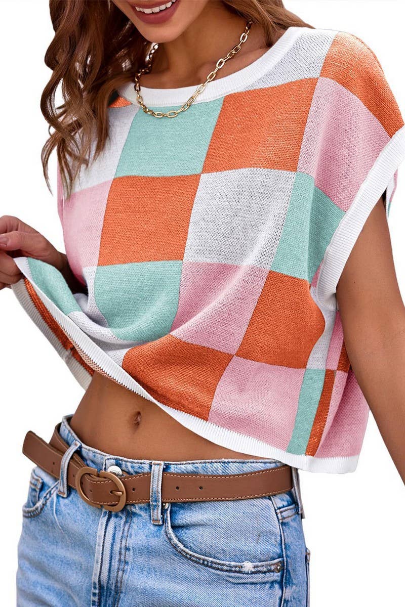 CWTTS1362_SUMMER NAVEL CHECKERBOARD SHORT SLEEVE KNIT TOP